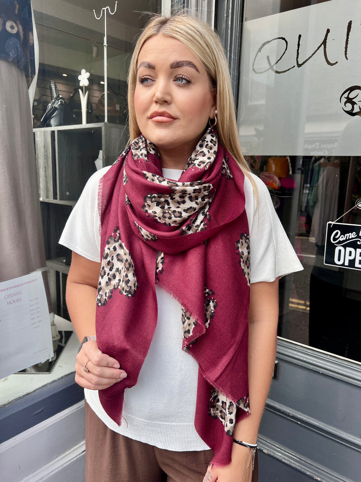 Animal Print Heart Scarf WINE