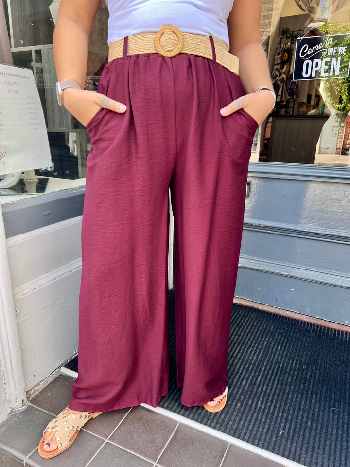 Isla Wide Leg Trousers With Belt BURGUNDY