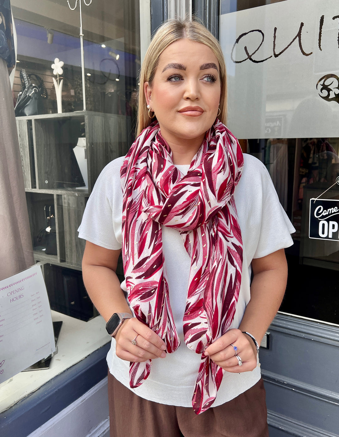 Bold Leaf Print  Scarf WINE
