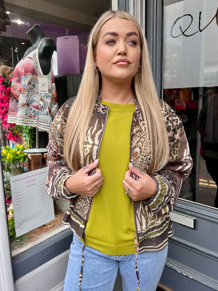 Mixed Animal Print Sheer Bomber Jacket GREEN