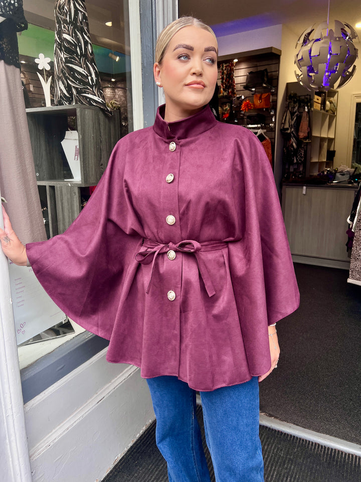 Savannah Suede Belted Cape BERRY