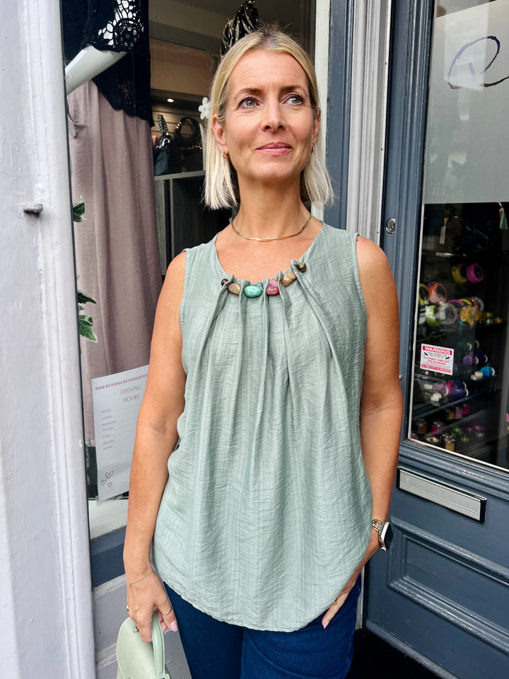 Lilly Beaded Neck Top KHAKI