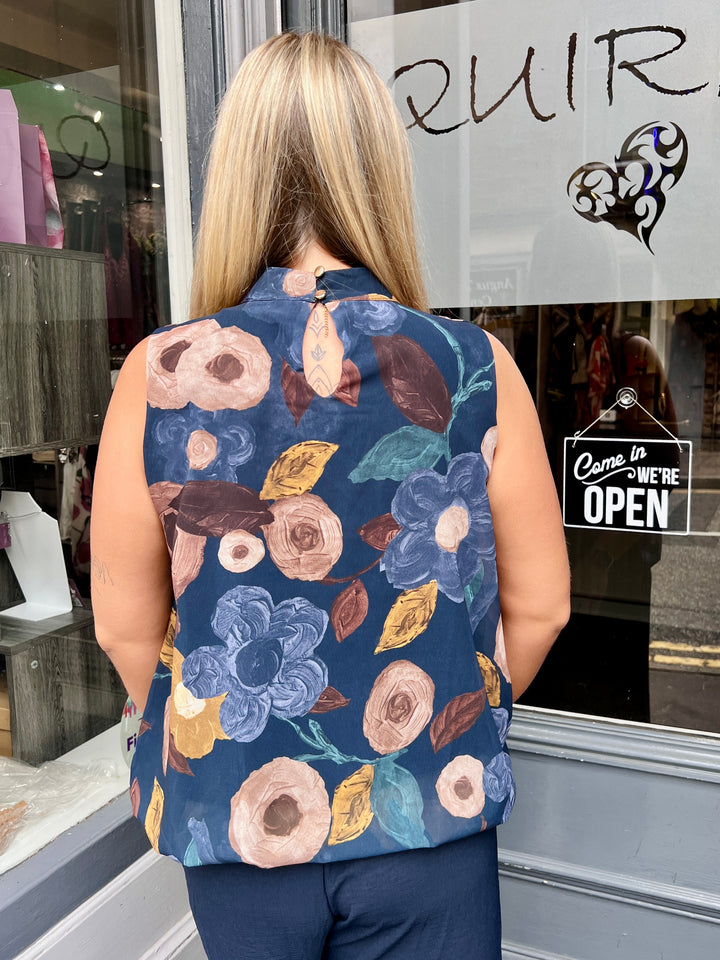 Roma Floral Sleeveless Bubblehem Blouse NAVY