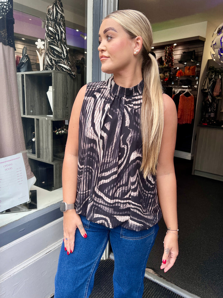 Zebra Stripe Bubble Hem Sleeveless Blouse