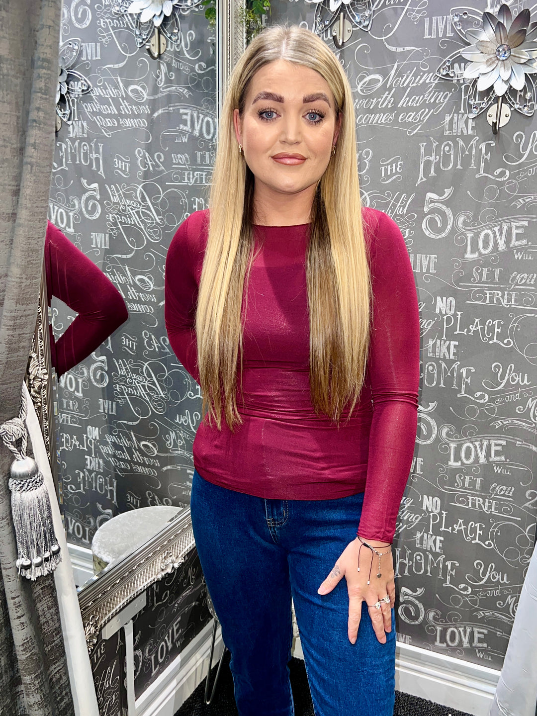 Plain Mesh Top 5% Cashmere BURGUNDY