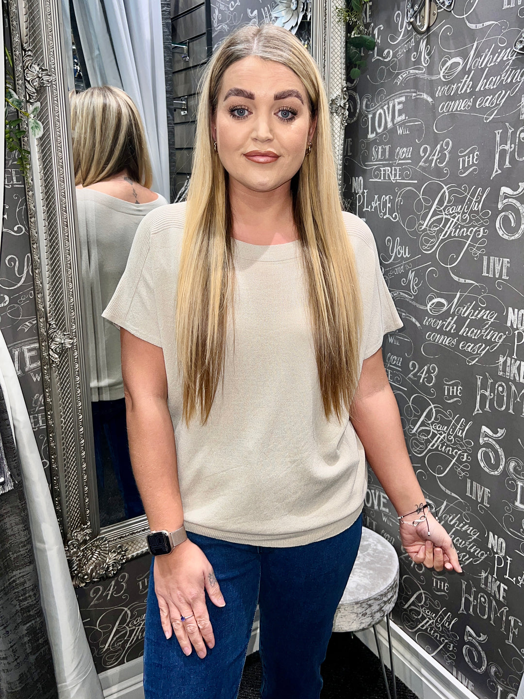 Jenna Fine Knit Short Sleeve Top BEIGE
