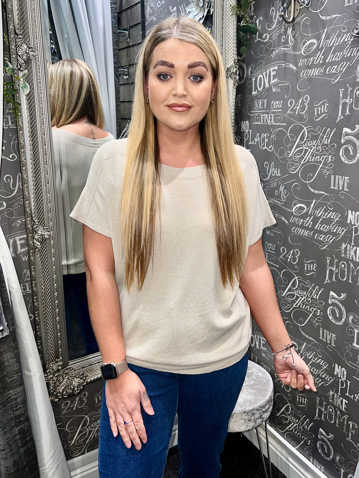 Jenna Fine Knit Short Sleeve Top BEIGE