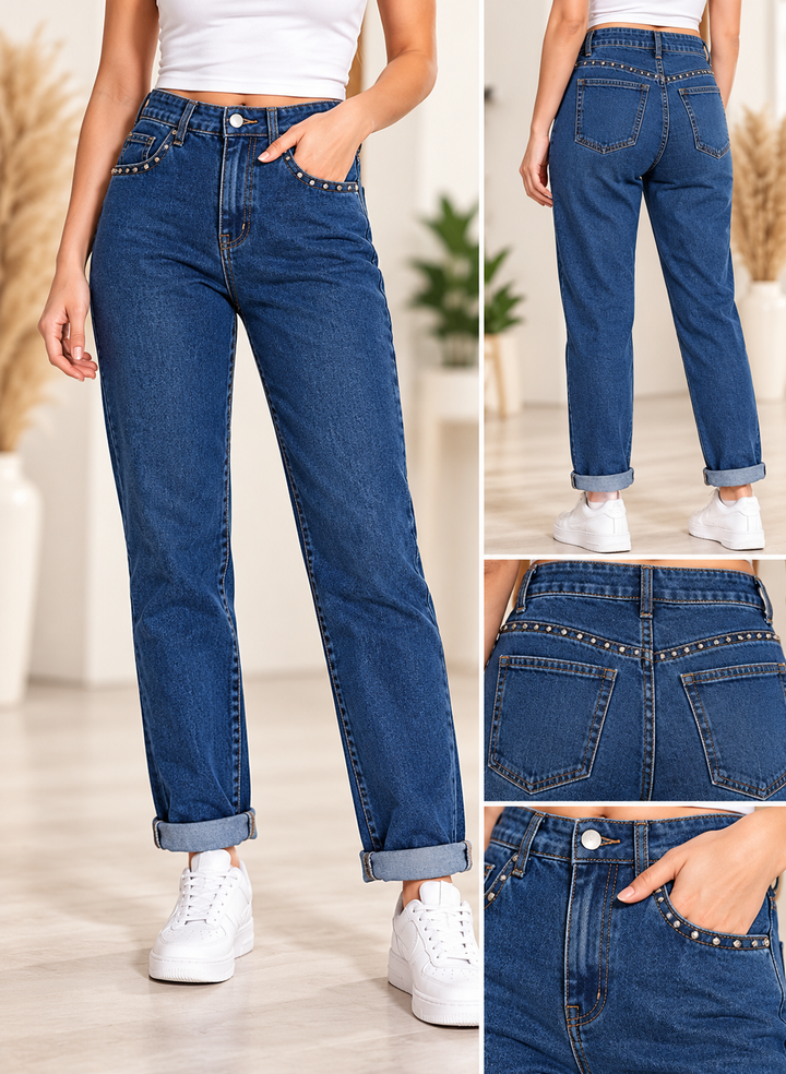 Meghan Stud Embossed Mom Jeans INDIGO