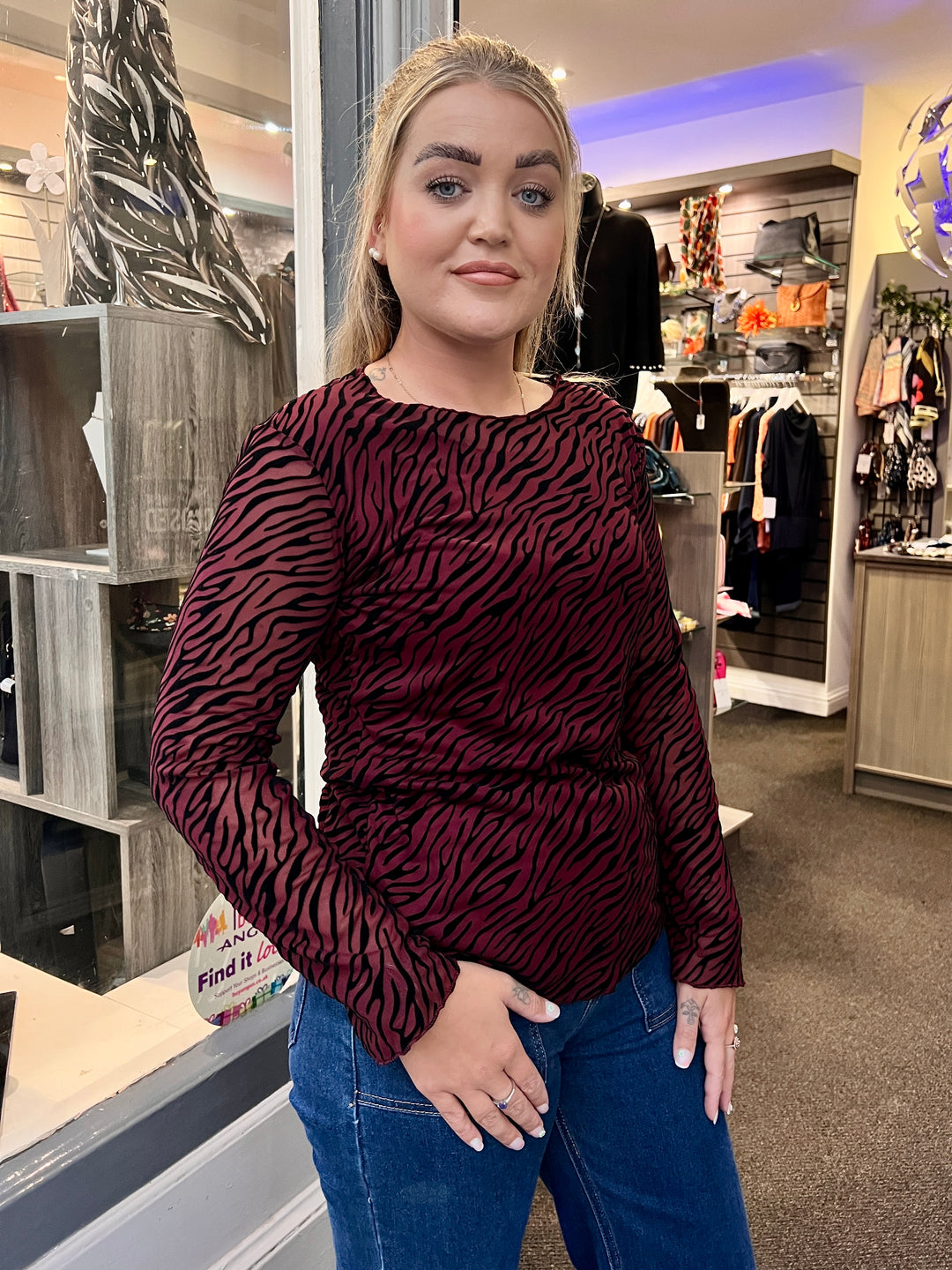Josie Zebra Print Lined Mesh Top BURGUNDY