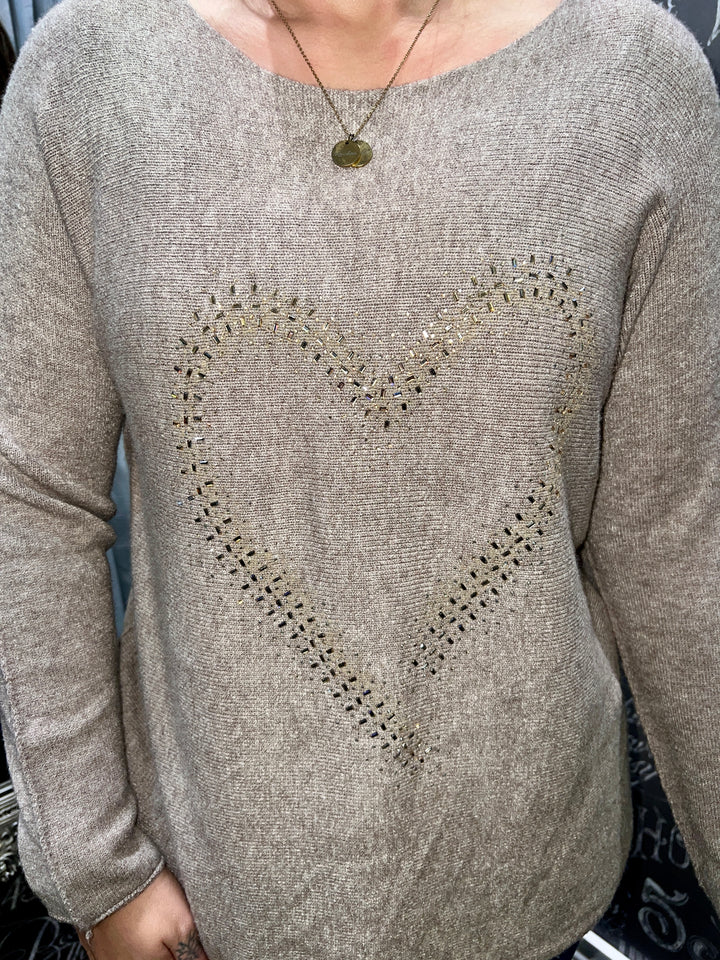 Lily Sparkle Heart Jumper TAUPE