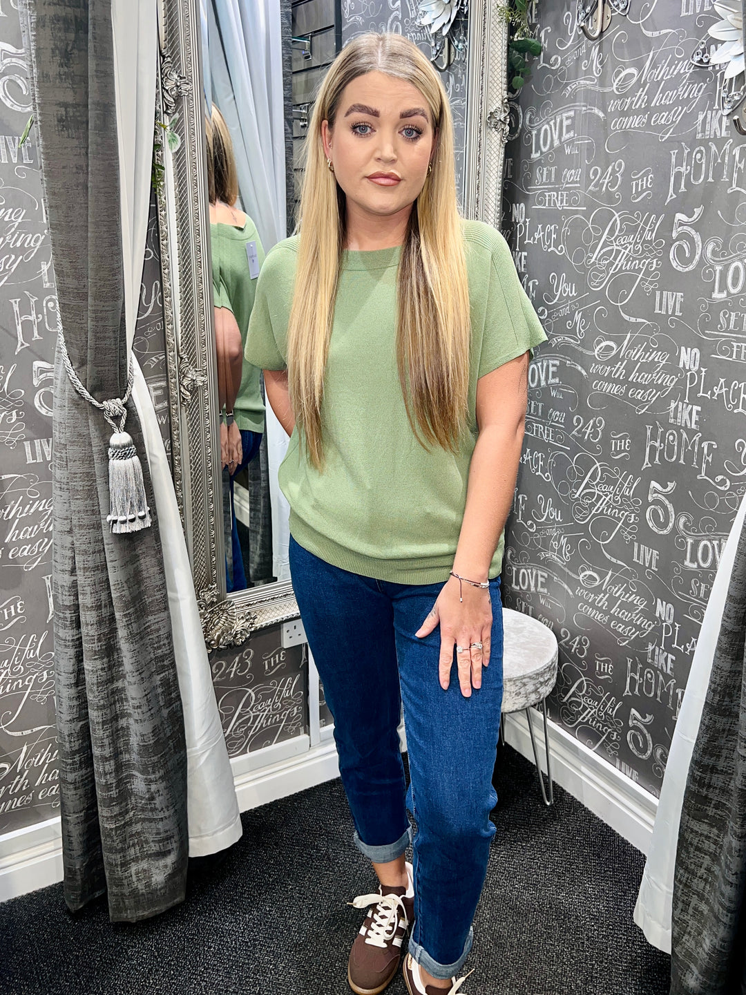 Jenna Fine Knit Short Sleeve Top LIGHT KHAKI