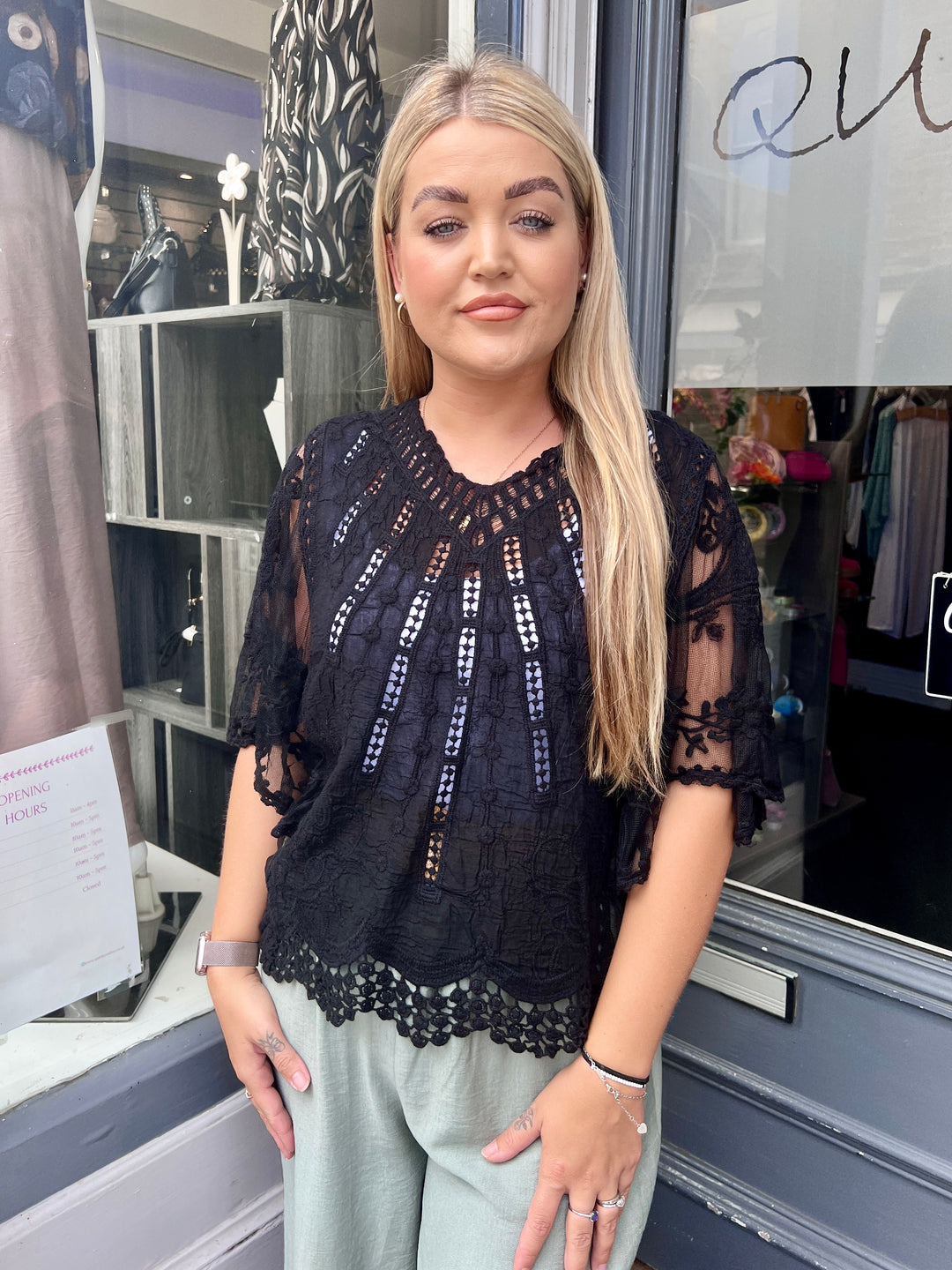 Suzi Embroidered Lace Sleeve Top BLACK