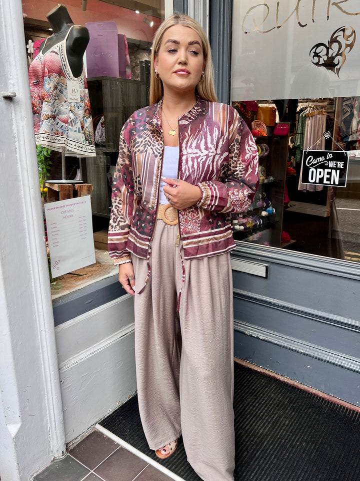 Mixed Animal Print Sheer Bomber Jacket WINE