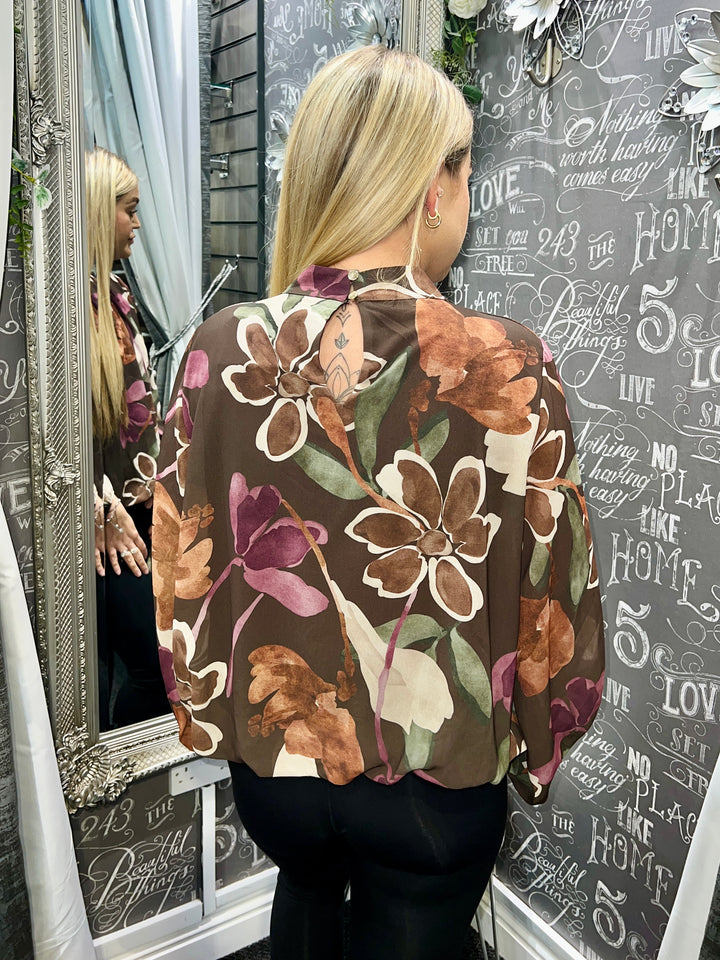 Amelia Floral Bubblehem Blouse CHOCOLATE