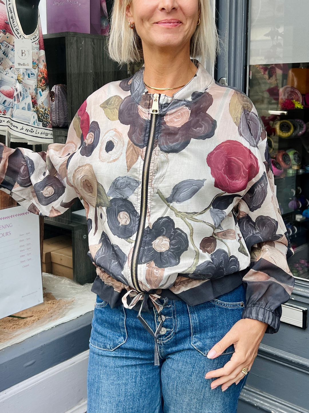 Mixed Flower Design Bomber Jacket CHARCOAL