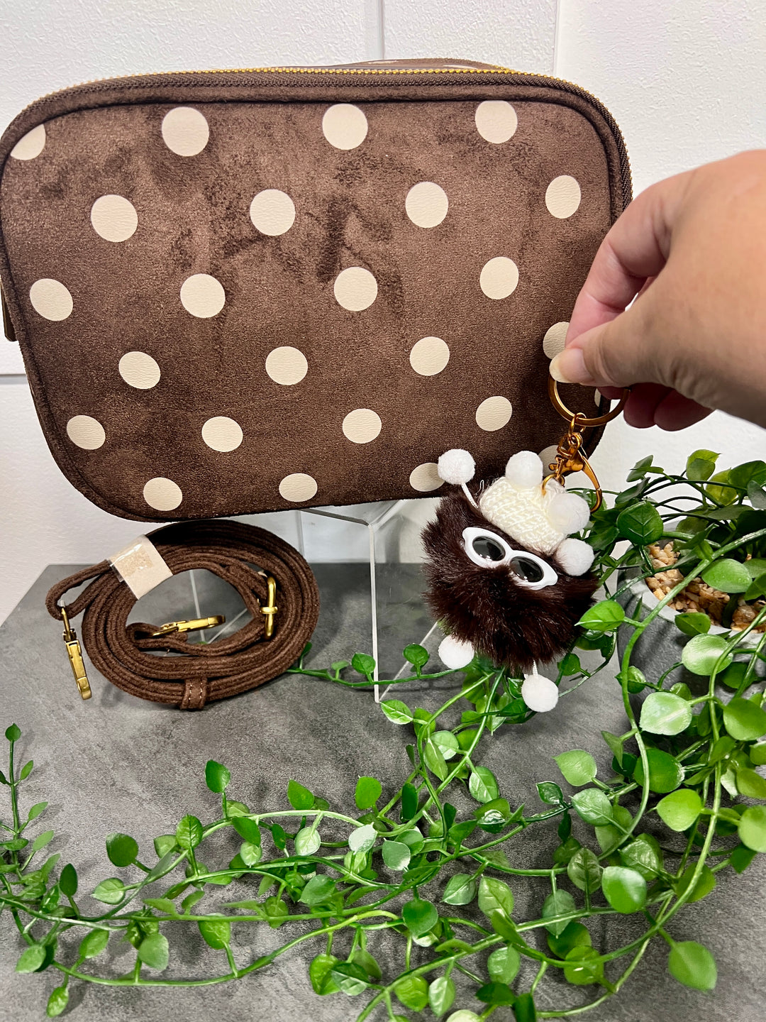 Polka Dot Suedette Camera Bag CHOCOLATE