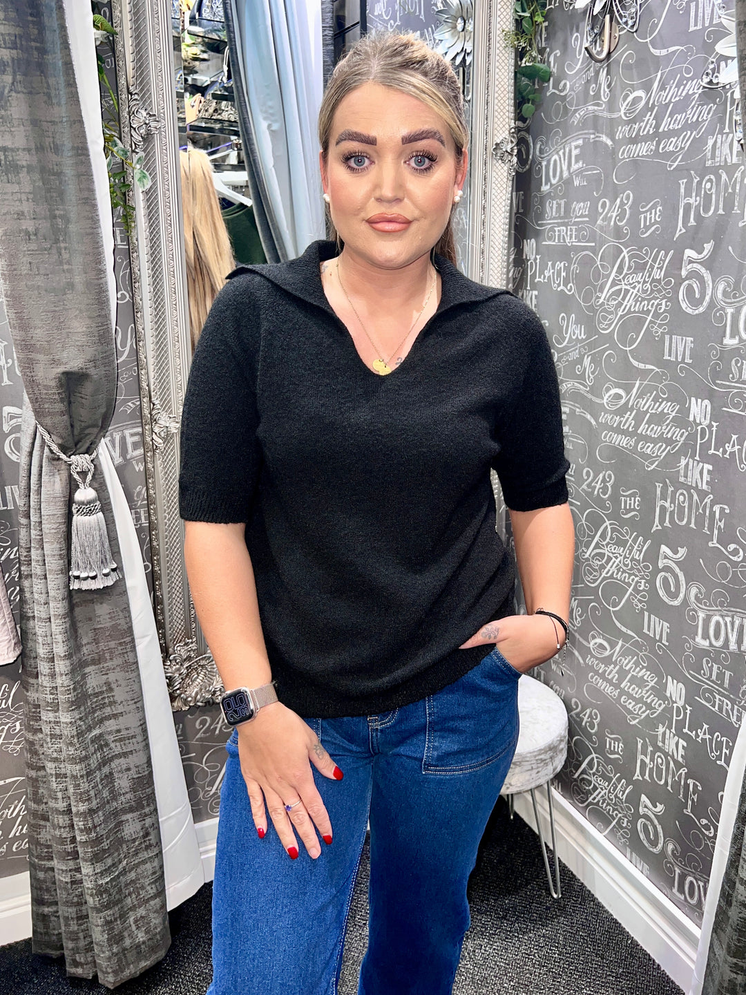 Tamsin Short Sleeve Polo Knit BLACK