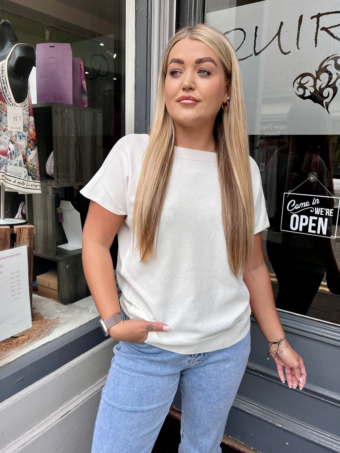 Jenna Fine Knit Short Sleeve Top OFF WHITE