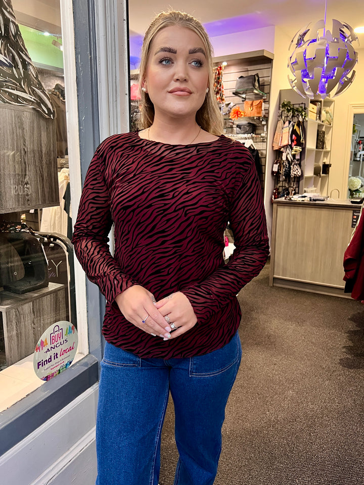 Josie Zebra Print Lined Mesh Top BURGUNDY