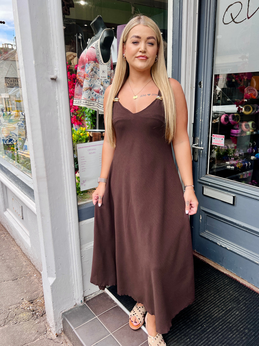 Aria Gold Buckle Maxi Dress CHOCOLATE