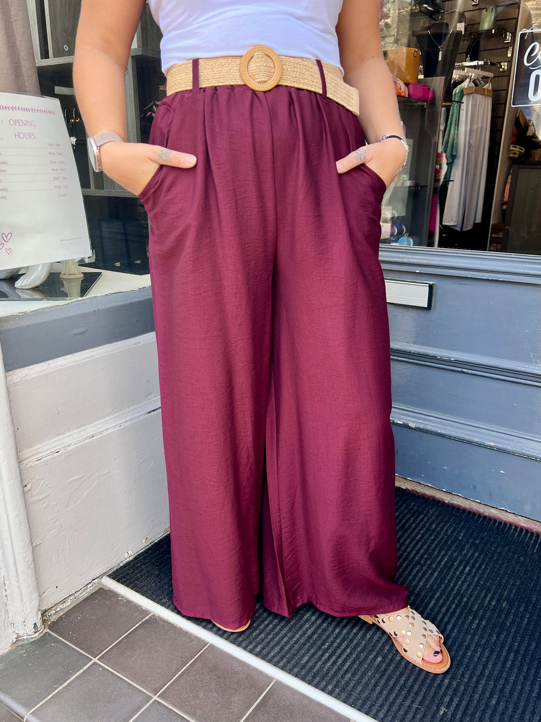 Isla Wide Leg Trousers With Belt BURGUNDY