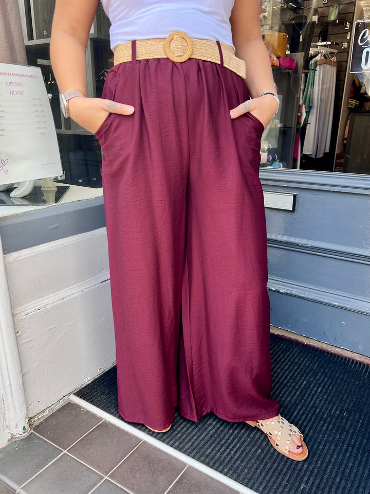 Isla Wide Leg Trousers With Belt BURGUNDY