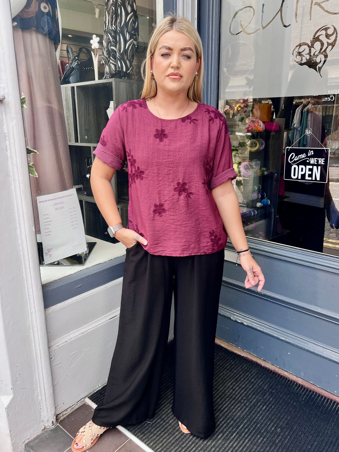 Tiffany Floral Embroidered Top WINE