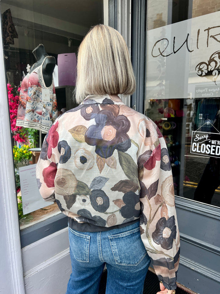 Mixed Flower Design Bomber Jacket CHARCOAL