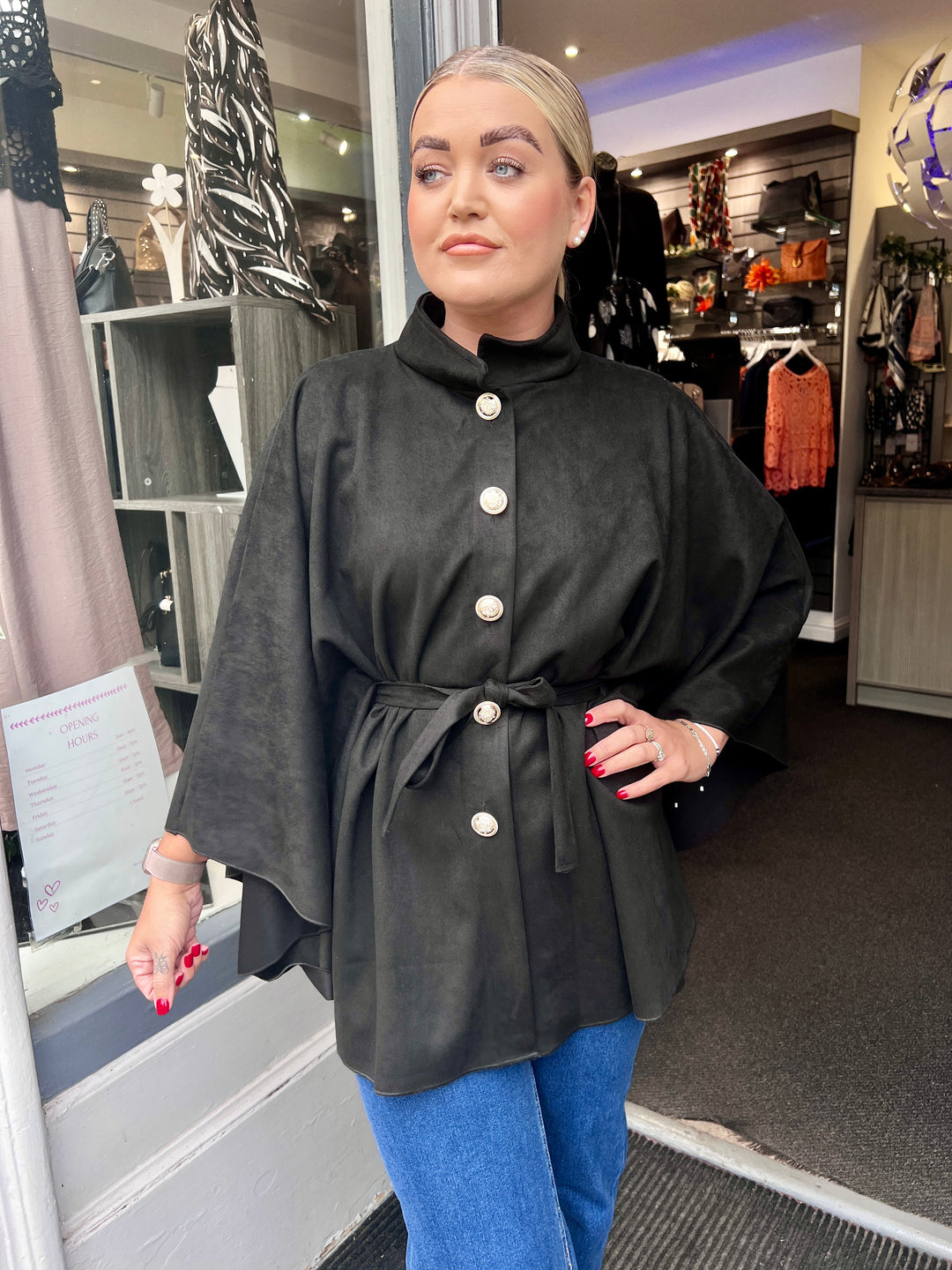Savannah Suede Belted Cape BLACK