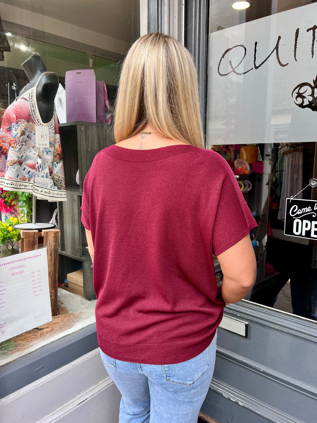 Jenna Fine Knit Short Sleeve Top WINE