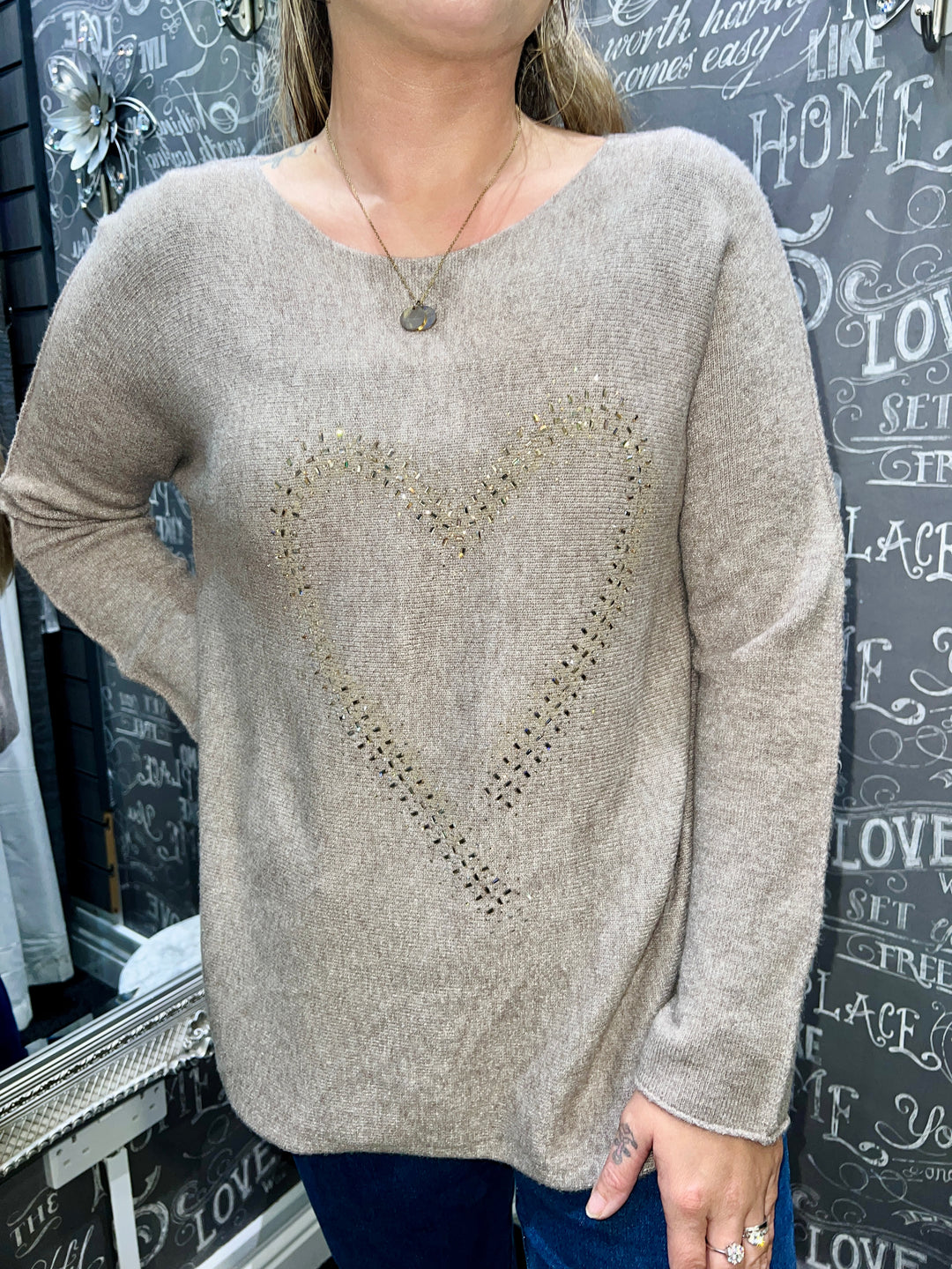 Lily Sparkle Heart Jumper TAUPE
