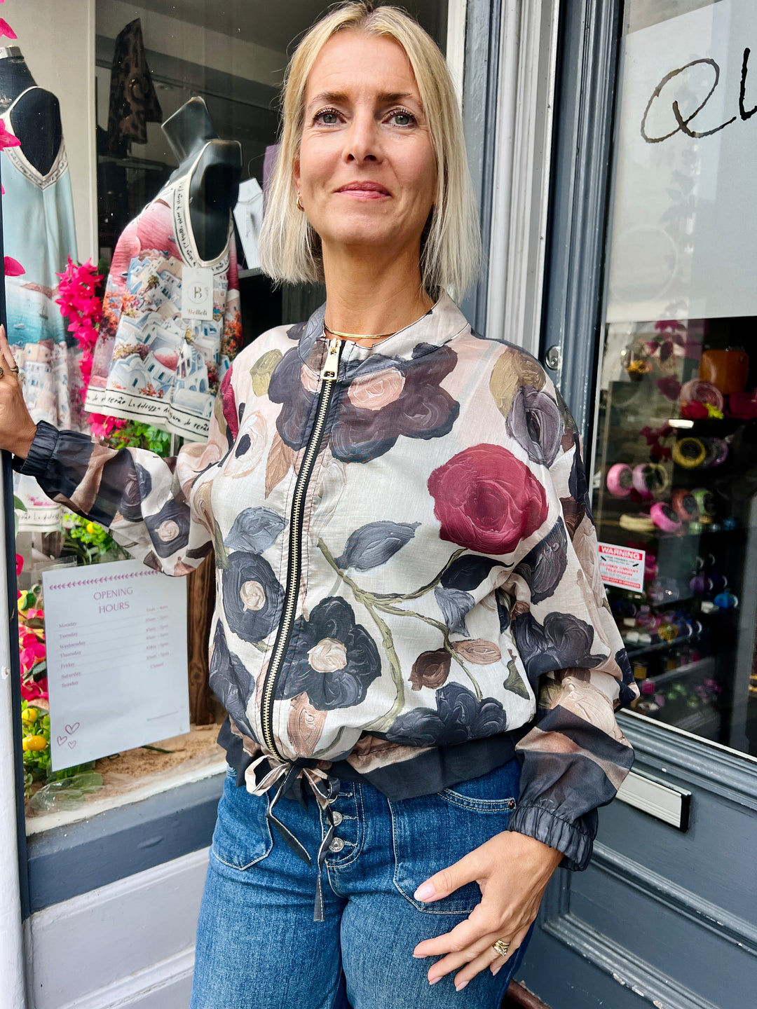 Mixed Flower Design Bomber Jacket CHARCOAL