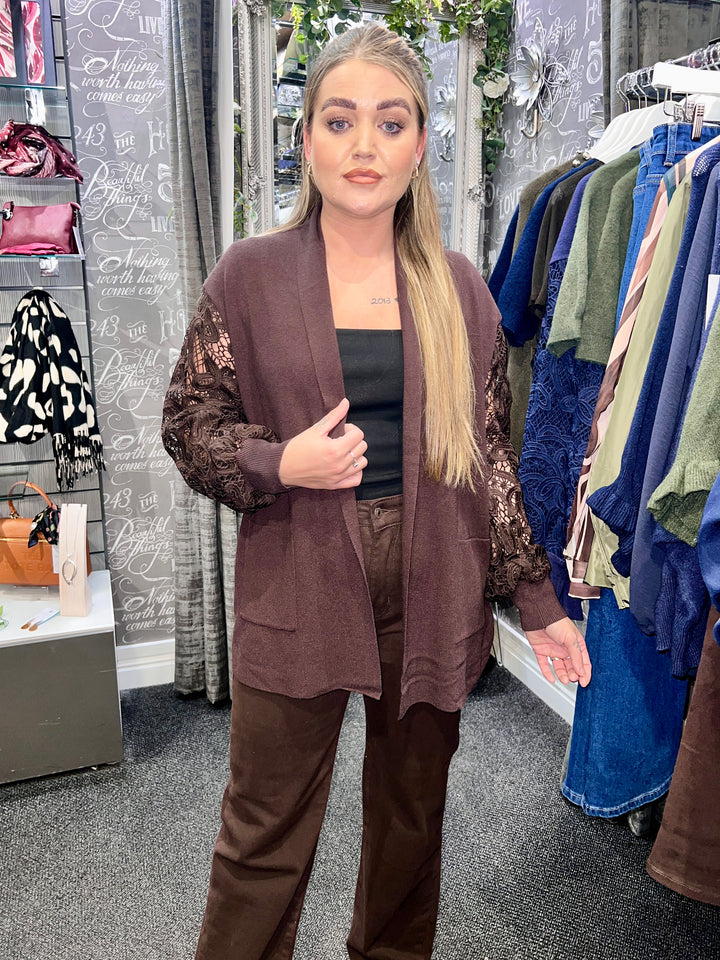 Rhianna Guipure Lace Sleeve Cardigan BROWN