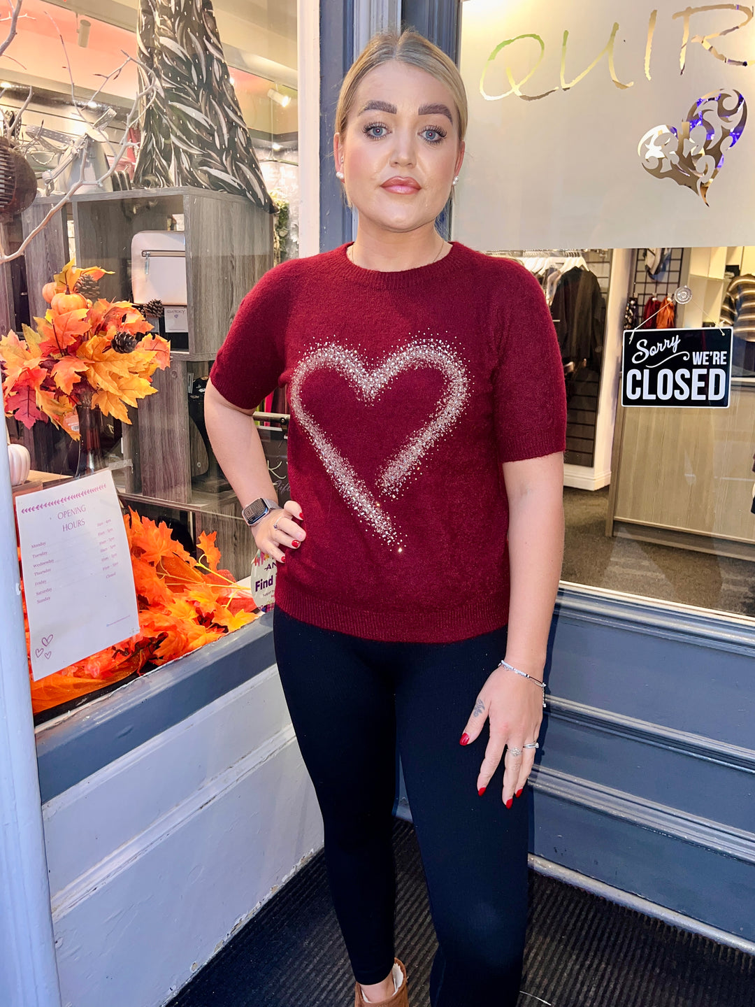 Thea Diamante Embossed Heart Knit WINE
