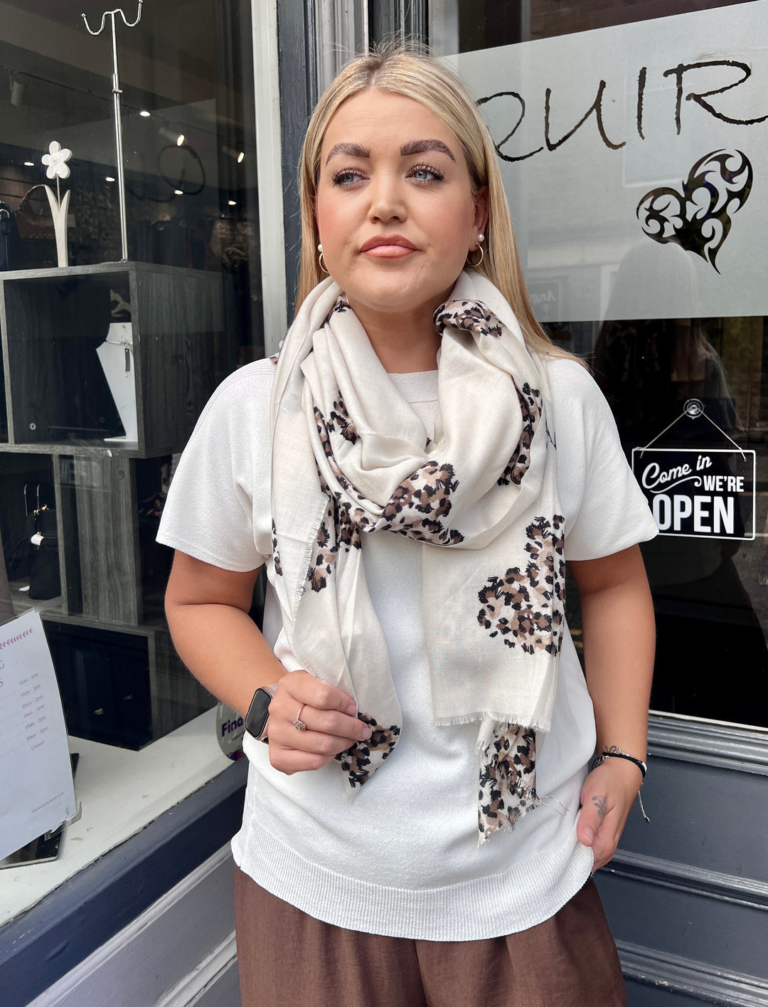 Animal Print Heart Scarf CREAM