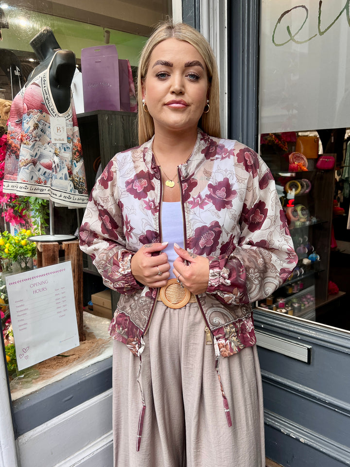 Floral Paisley Print Bomber Jacket WINE