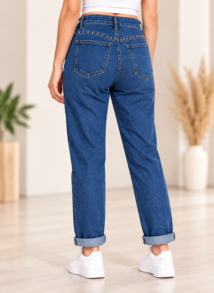 Meghan Stud Embossed Mom Jeans INDIGO