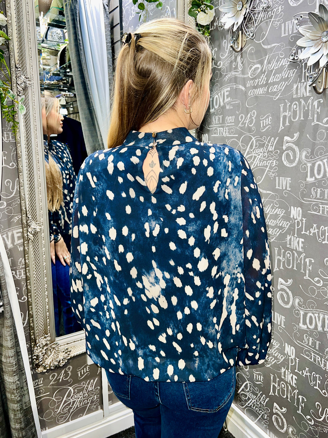 Jade Deer Print Bubblehem Blouse NAVY