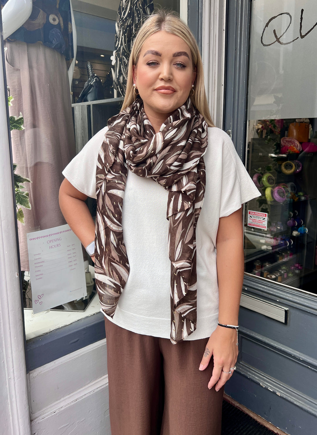 Bold Leaf Print Scarf BROWN