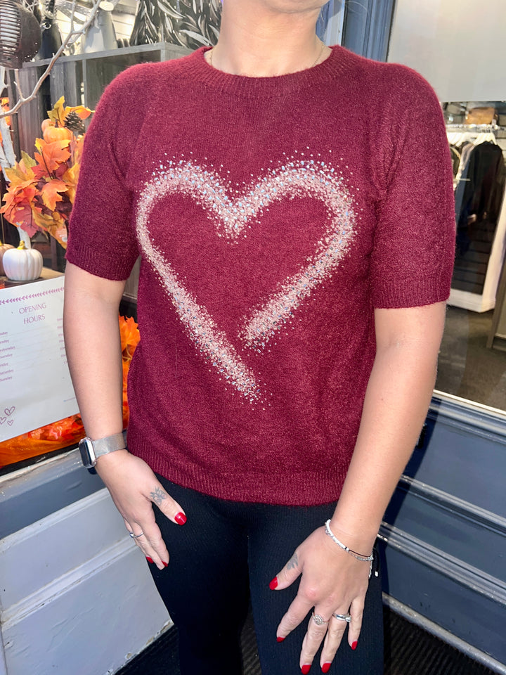 Thea Diamante Embossed Heart Knit WINE