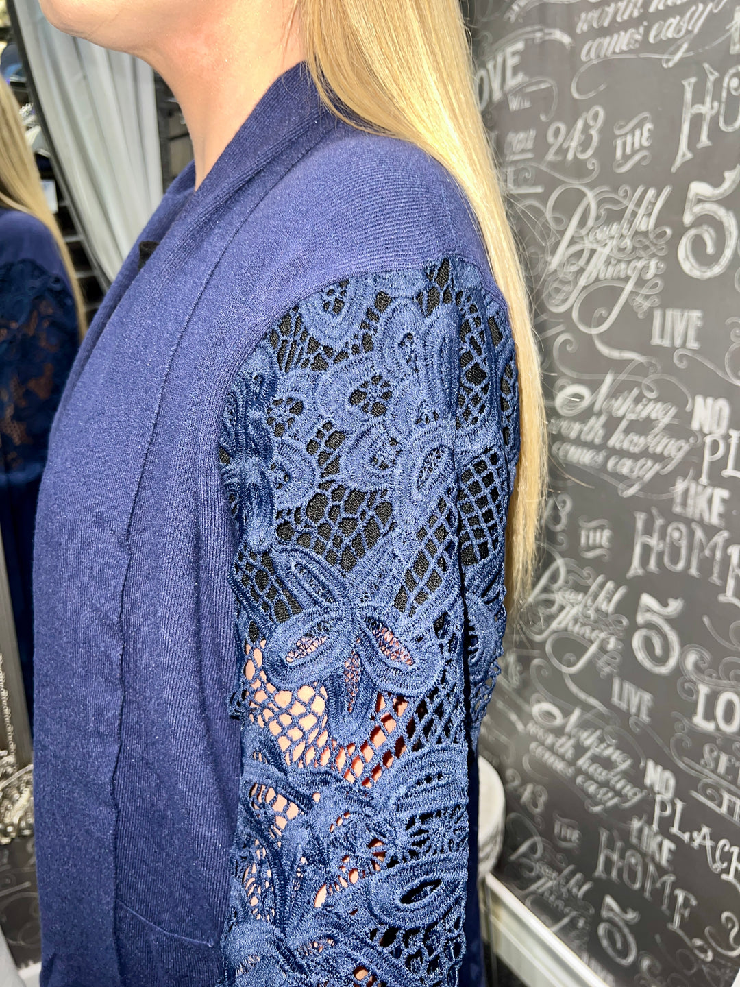 Rhianna Guipure Lace Sleeve Cardigan NAVY
