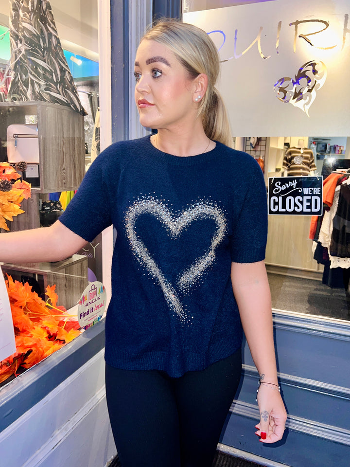 Thea Diamante Embossed Heart Knit NAVY