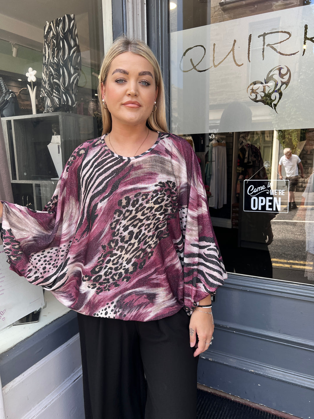 Lillian Mixed Animal Print Shimmer Top BURGUNDY