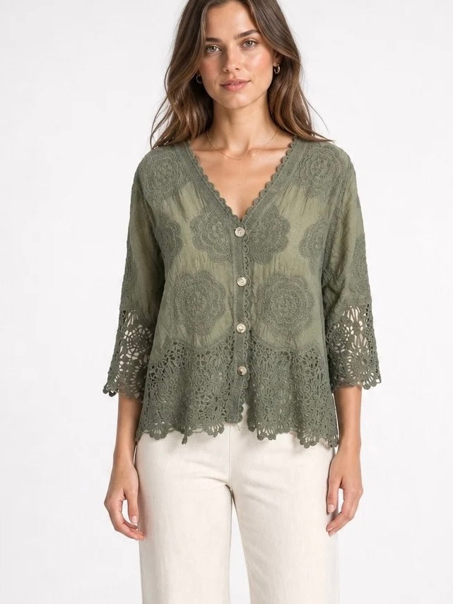 Rhona Floral Lace Blouse KHAKI