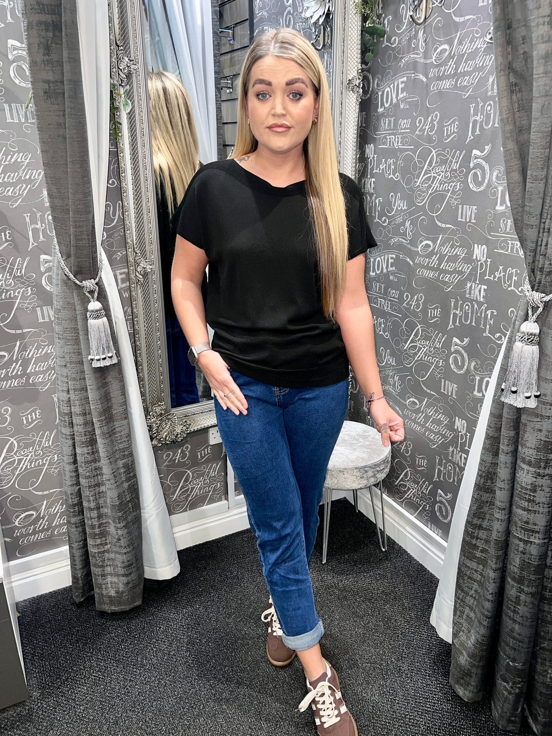 Jenna Fine Knit Short Sleeve Top BLACK