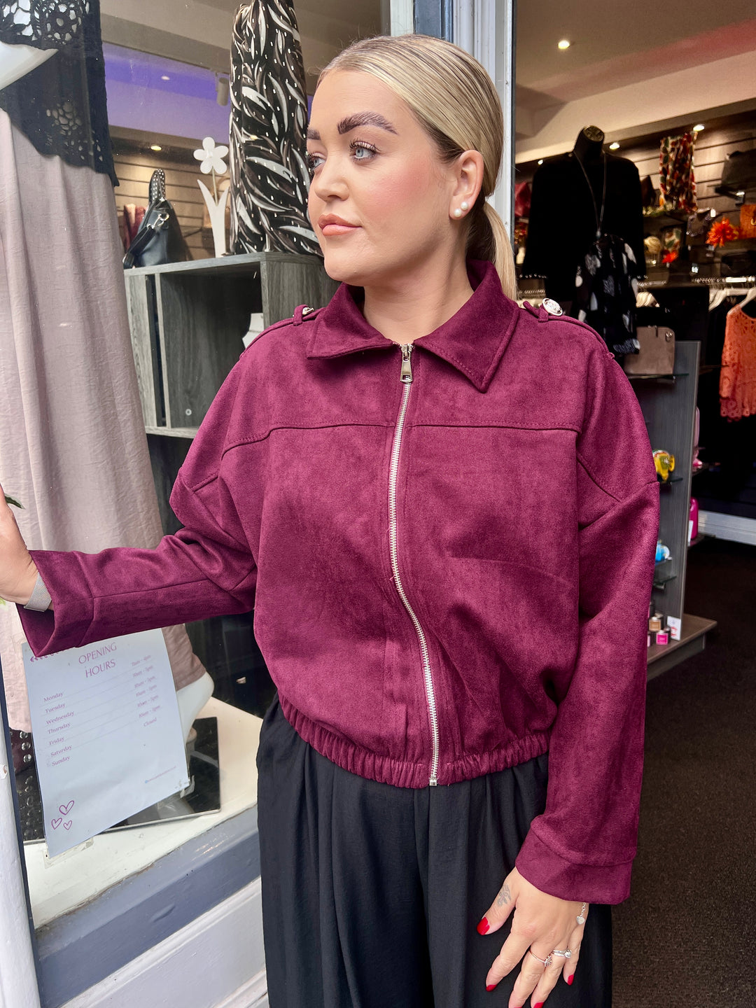 Tara Suede Bomber Jacket BURGUNDY
