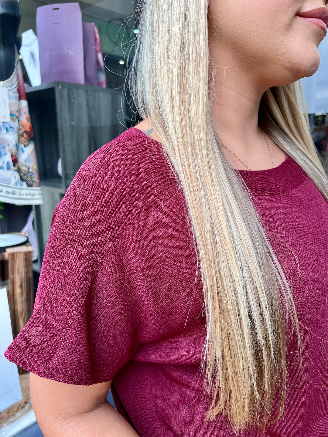 Jenna Fine Knit Short Sleeve Top WINE