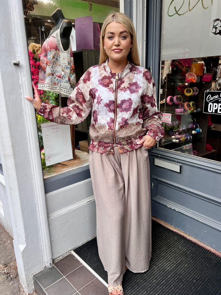 Floral Paisley Print Bomber Jacket WINE
