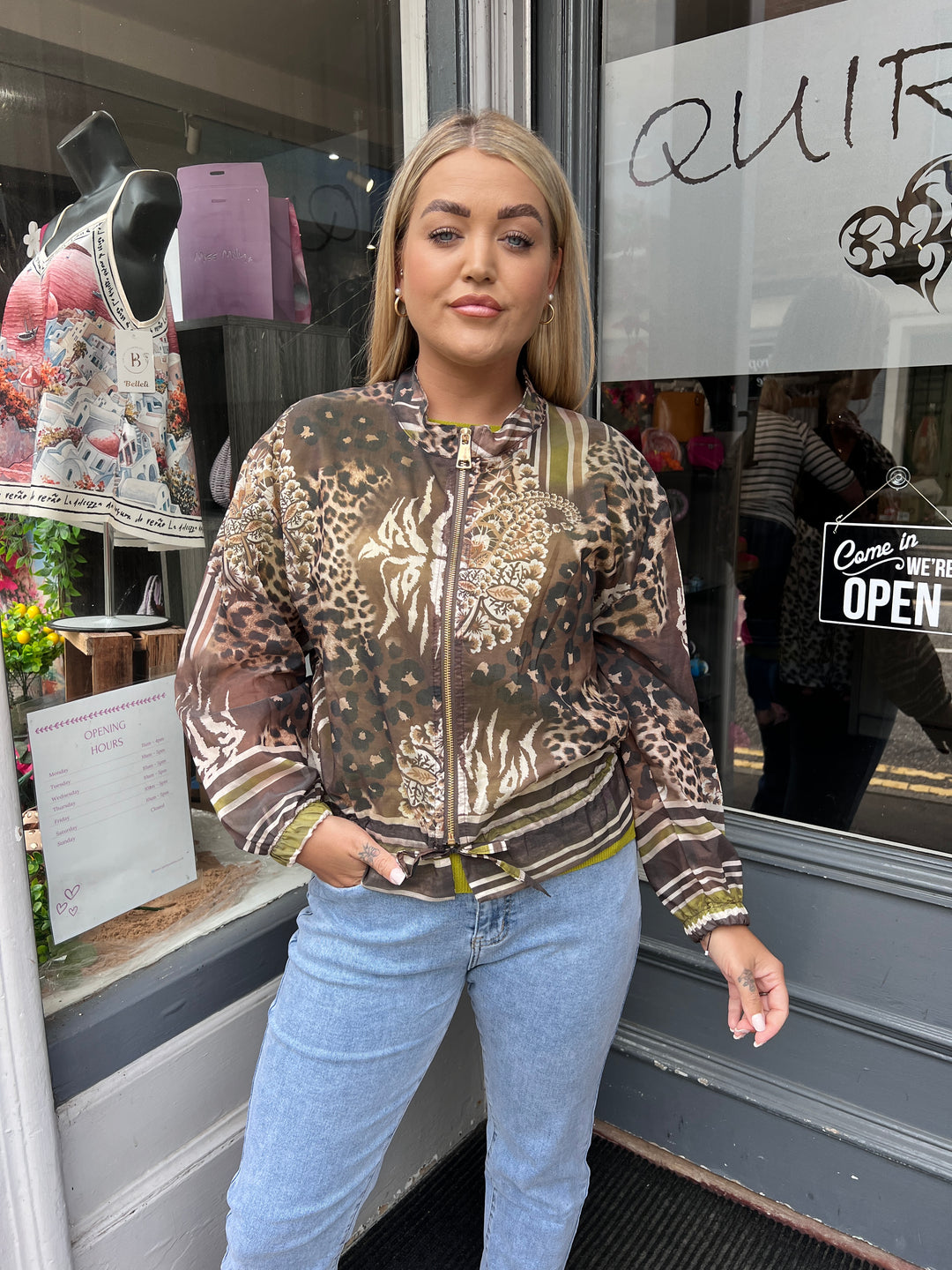 Mixed Animal Print Sheer Bomber Jacket GREEN