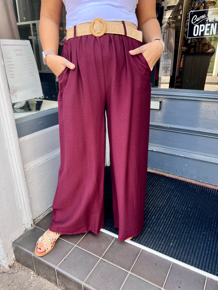 Isla Wide Leg Trousers With Belt BURGUNDY